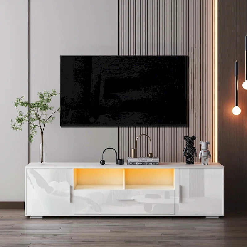 Modern White TV Stand with RGB LED Lights and Storage Drawers