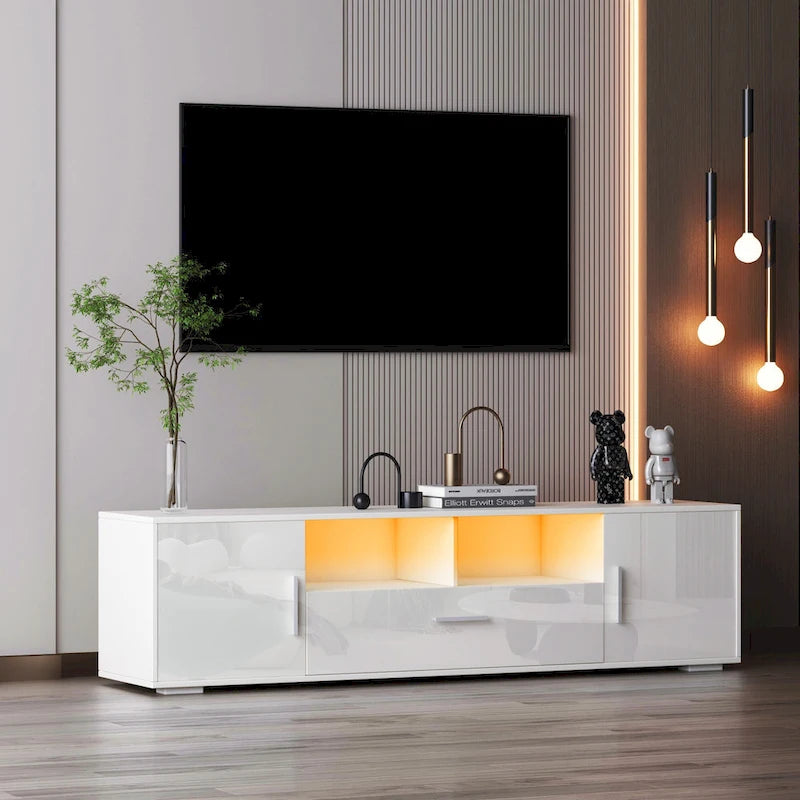 Modern White TV Stand with RGB LED Lights and Storage Drawers