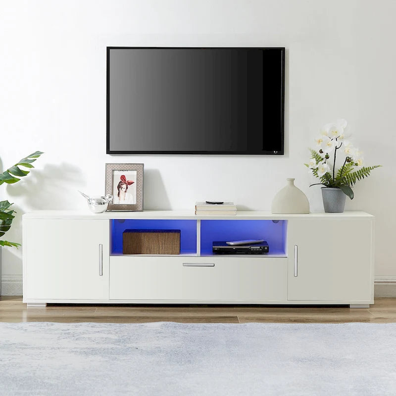 Modern White TV Stand with RGB LED Lights and Storage Drawers