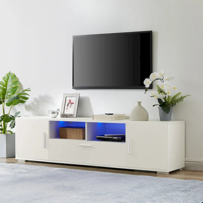 Modern White TV Stand with RGB LED Lights and Storage Drawers