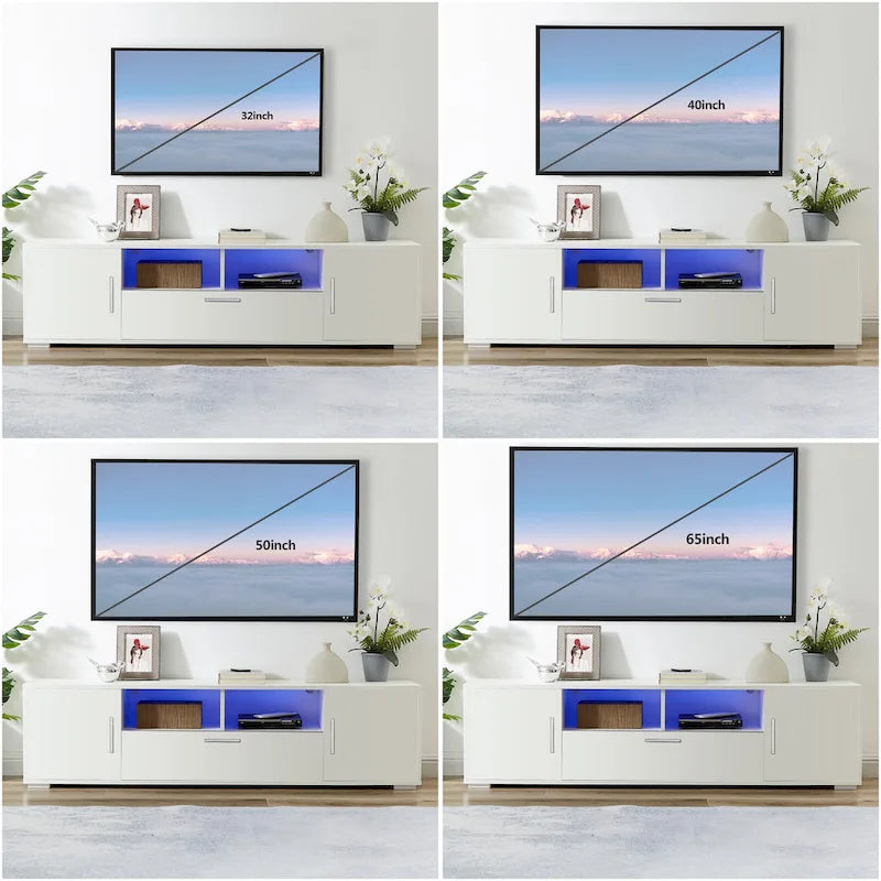 Modern White TV Stand with RGB LED Lights and Storage Drawers