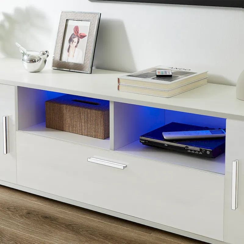 Modern White TV Stand with RGB LED Lights and Storage Drawers