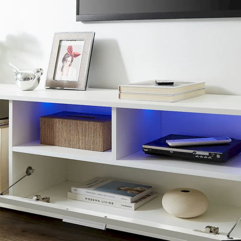 Modern White TV Stand with RGB LED Lights and Storage Drawers