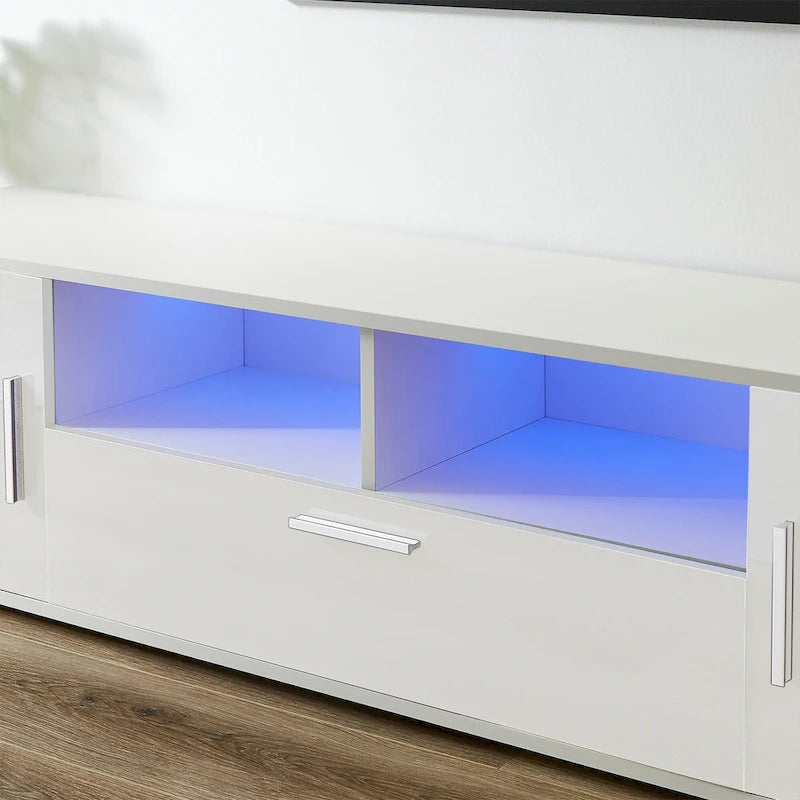 Modern White TV Stand with RGB LED Lights and Storage Drawers