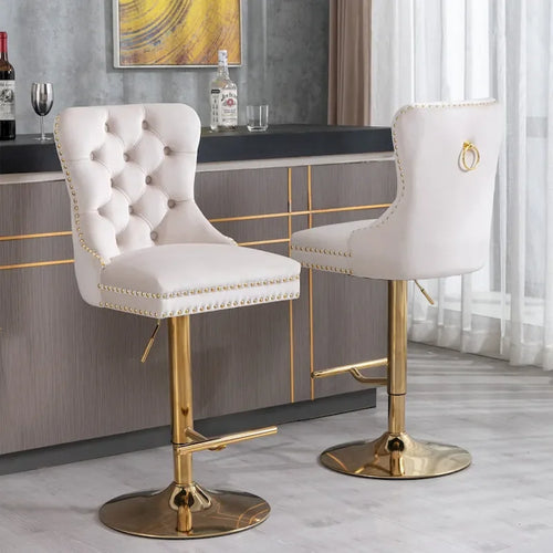 Adjustable Velvet Swivel Bar Stool with Backrest and Gold Accents