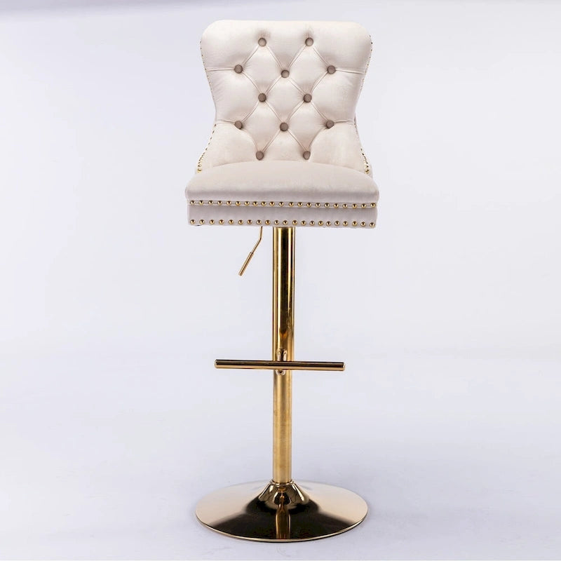 Adjustable Velvet Swivel Bar Stool with Backrest and Gold Accents