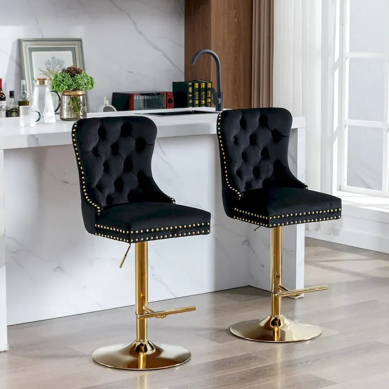Adjustable Velvet Swivel Bar Stool with Backrest and Gold Accents