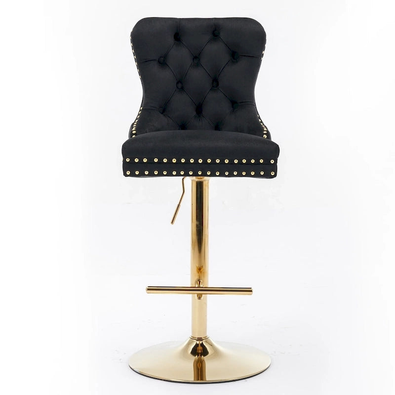 Adjustable Velvet Swivel Bar Stool with Backrest and Gold Accents