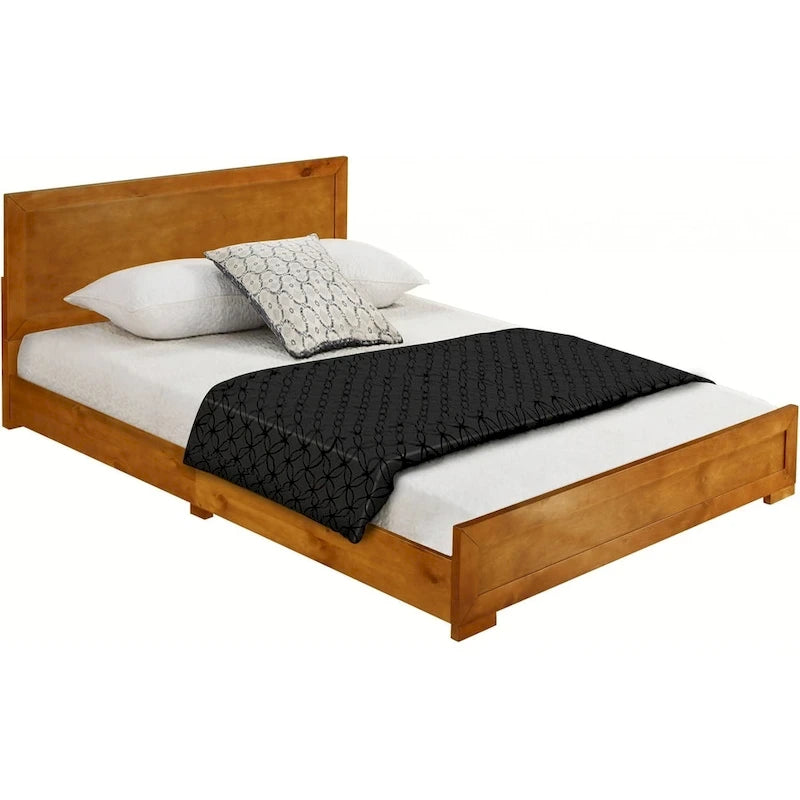 Classic Oak Finish Solid Wood Full Bed Frame with Rectangular Headboard