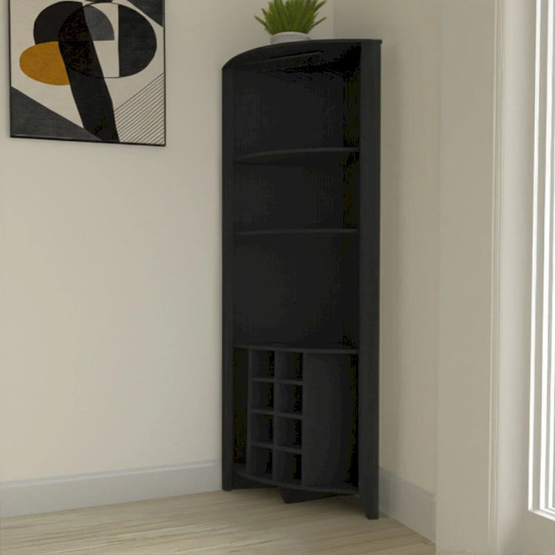 Black Wood Corner Bar Cabinet with Open Storage and Wine Rack