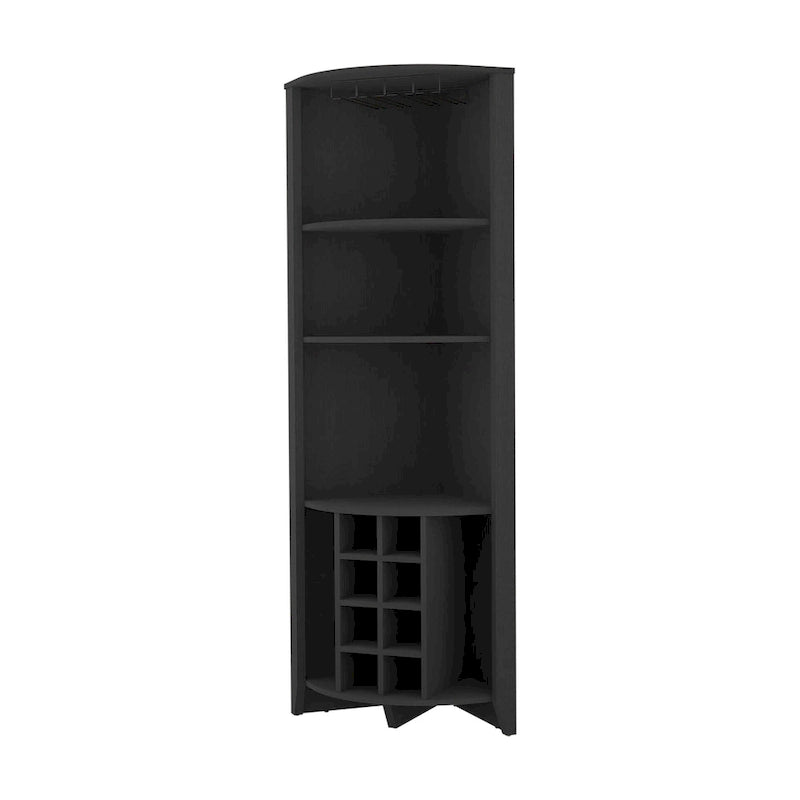 Black Wood Corner Bar Cabinet with Open Storage and Wine Rack