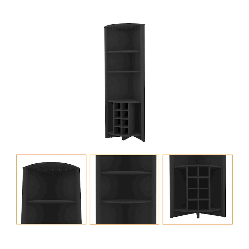 Black Wood Corner Bar Cabinet with Open Storage and Wine Rack