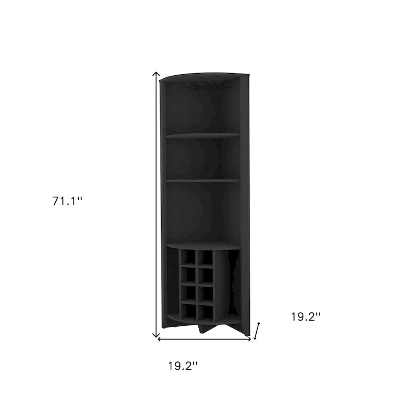 Black Wood Corner Bar Cabinet with Open Storage and Wine Rack