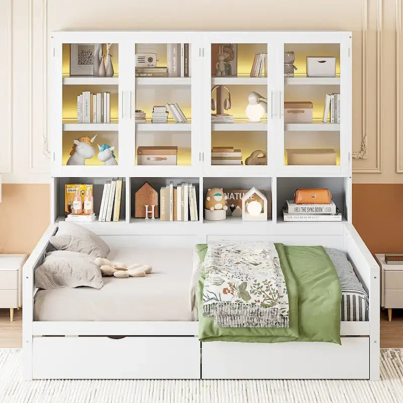 Wooden Bookcase Daybed with Glass Door Storage Cabinet and LED Lights