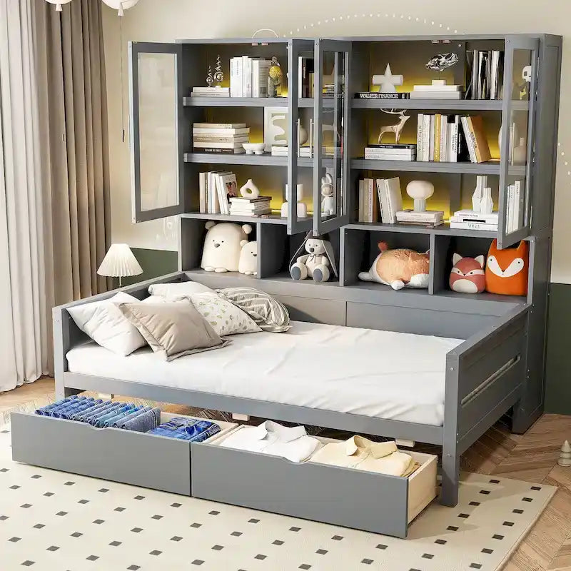 Wooden Bookcase Daybed with Glass Door Storage Cabinet and LED Lights