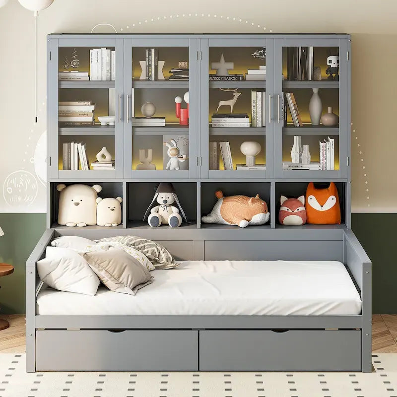 Wooden Bookcase Daybed with Glass Door Storage Cabinet and LED Lights