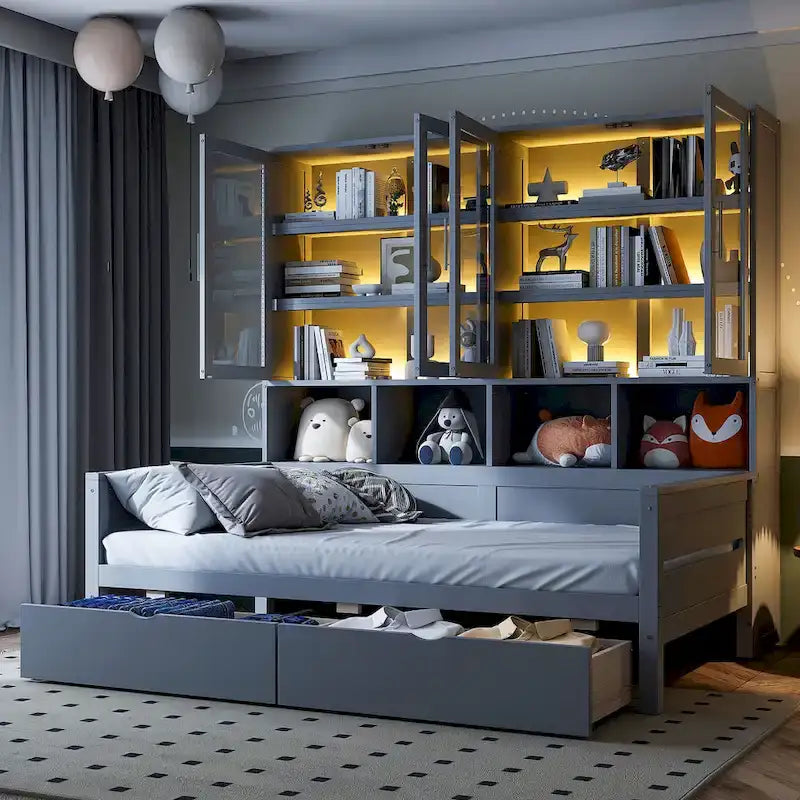 Wooden Bookcase Daybed with Glass Door Storage Cabinet and LED Lights