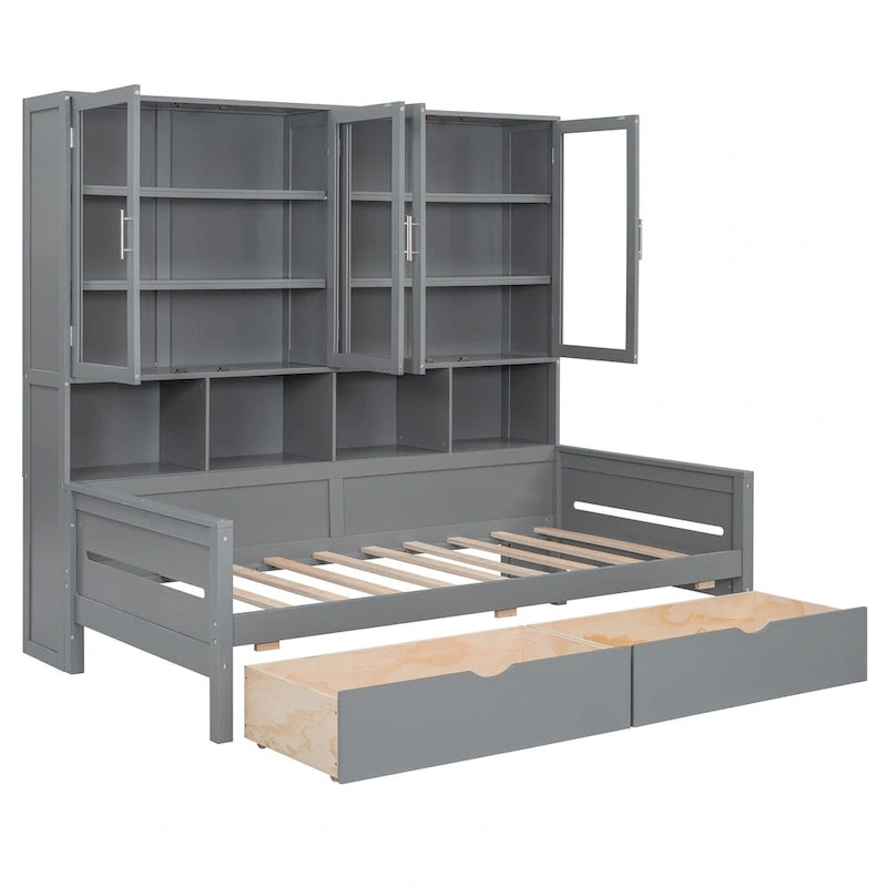 Wooden Bookcase Daybed with Glass Door Storage Cabinet and LED Lights