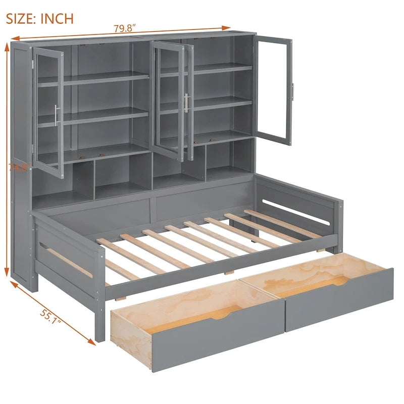 Wooden Bookcase Daybed with Glass Door Storage Cabinet and LED Lights