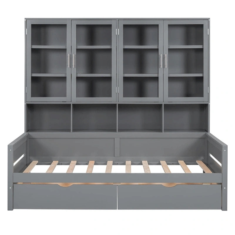 Wooden Bookcase Daybed with Glass Door Storage Cabinet and LED Lights