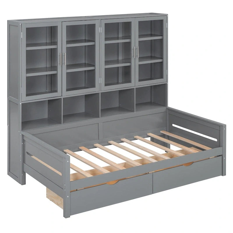 Wooden Bookcase Daybed with Glass Door Storage Cabinet and LED Lights