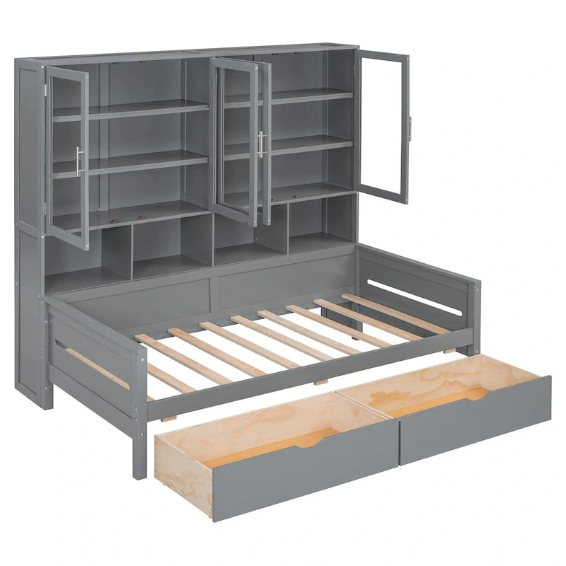 Wooden Bookcase Daybed with Glass Door Storage Cabinet and LED Lights