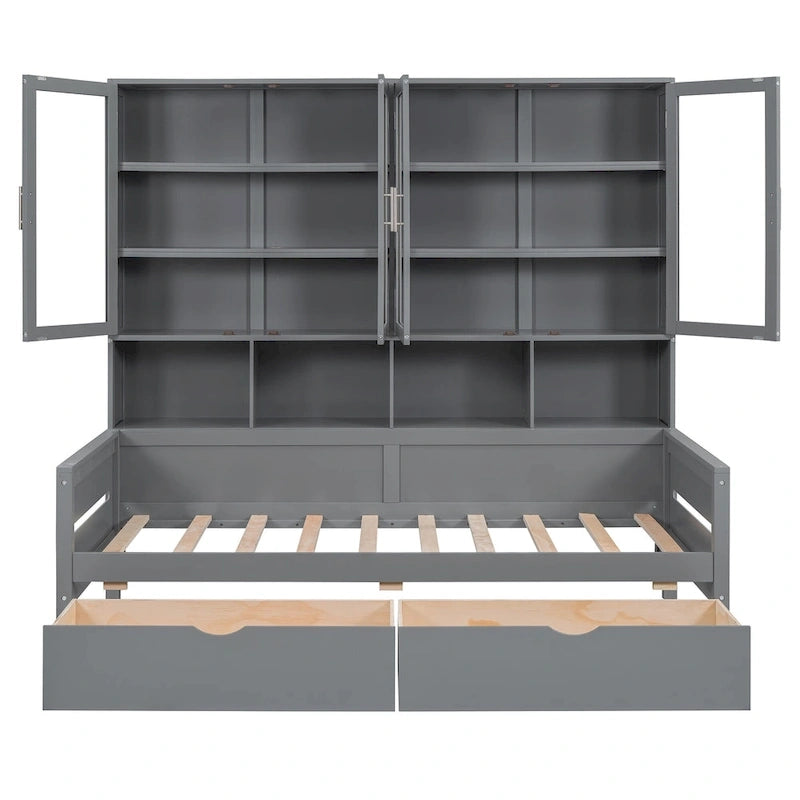 Wooden Bookcase Daybed with Glass Door Storage Cabinet and LED Lights