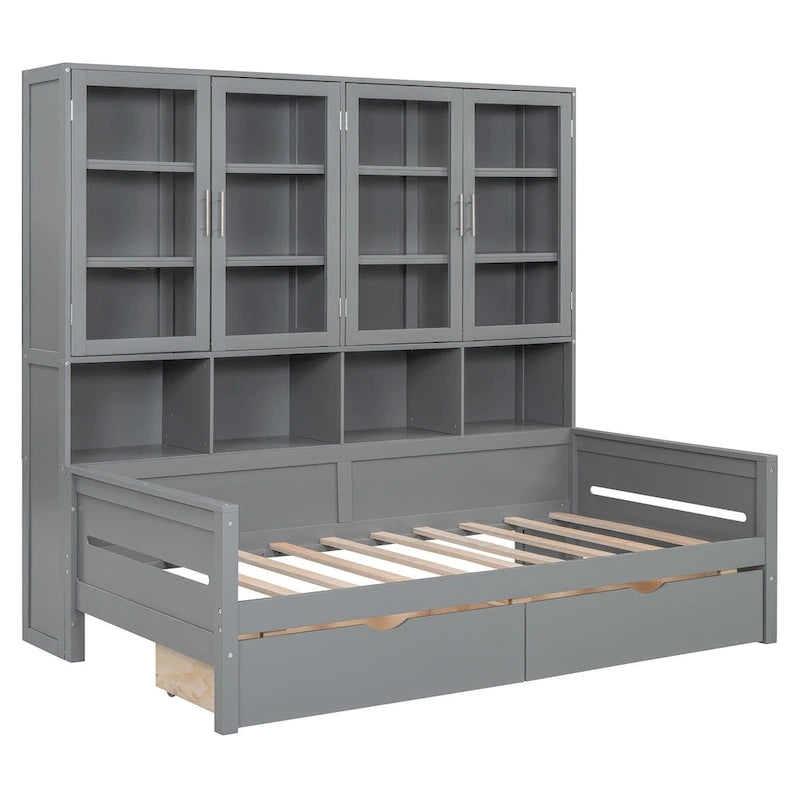 Wooden Bookcase Daybed with Glass Door Storage Cabinet and LED Lights