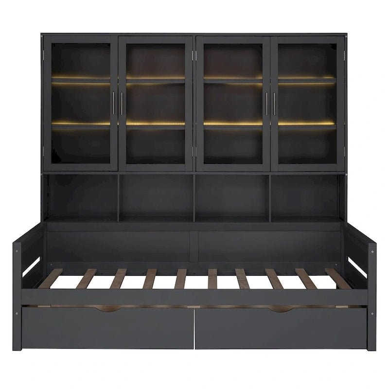 Wooden Bookcase Daybed with Glass Door Storage Cabinet and LED Lights