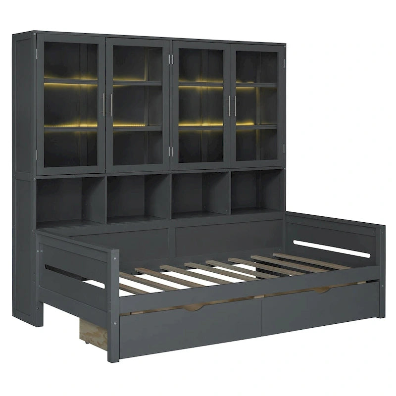 Wooden Bookcase Daybed with Glass Door Storage Cabinet and LED Lights