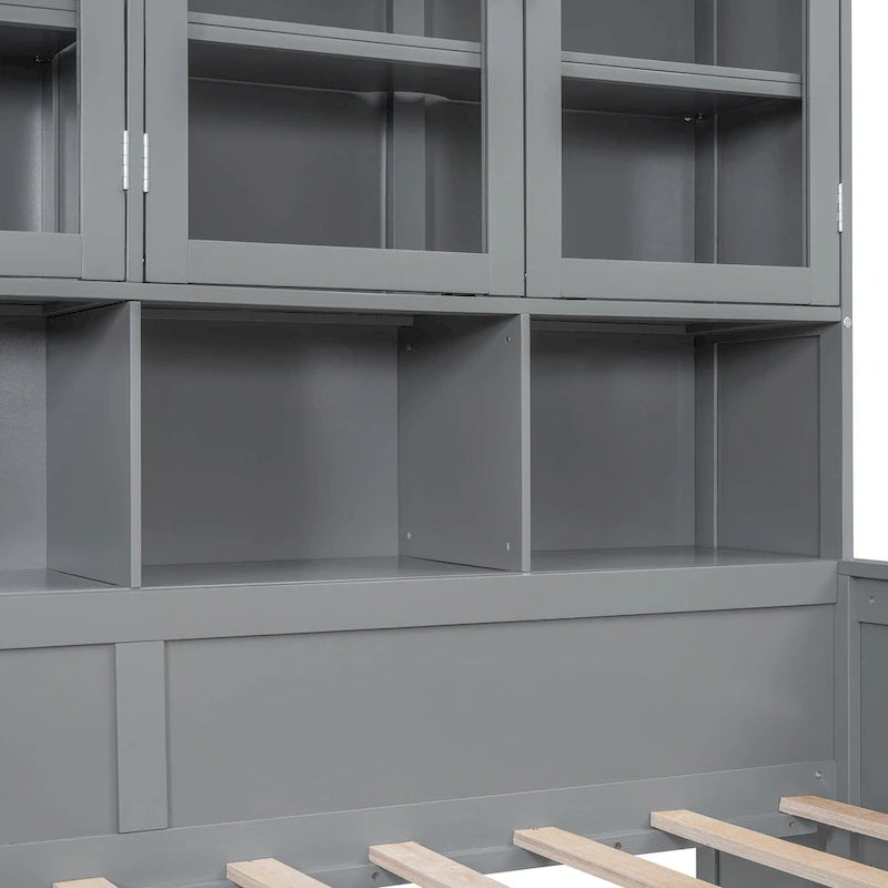 Wooden Bookcase Daybed with Glass Door Storage Cabinet and LED Lights