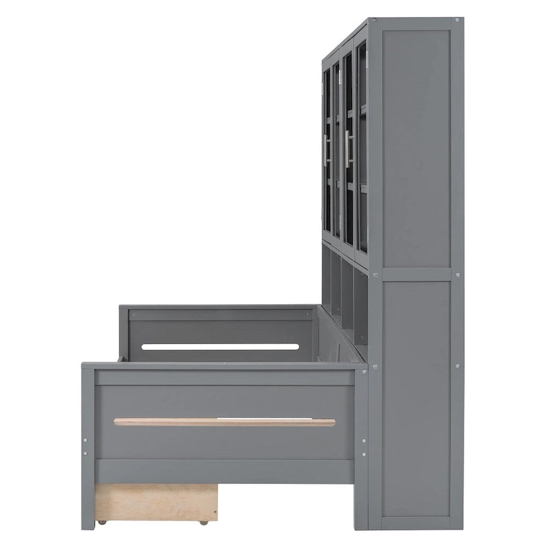 Wooden Bookcase Daybed with Glass Door Storage Cabinet and LED Lights
