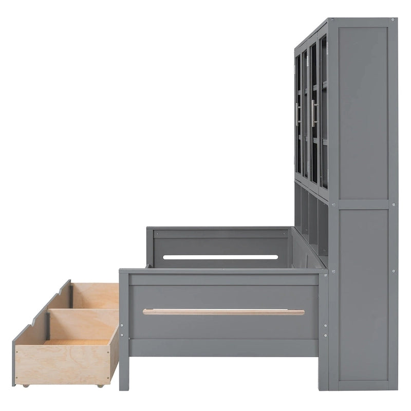 Wooden Bookcase Daybed with Glass Door Storage Cabinet and LED Lights