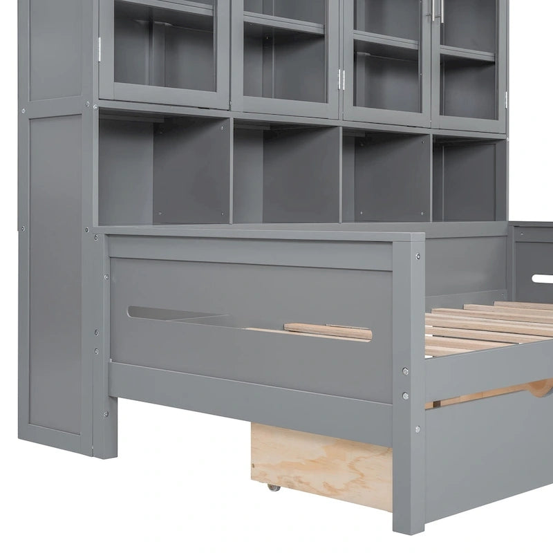 Wooden Bookcase Daybed with Glass Door Storage Cabinet and LED Lights