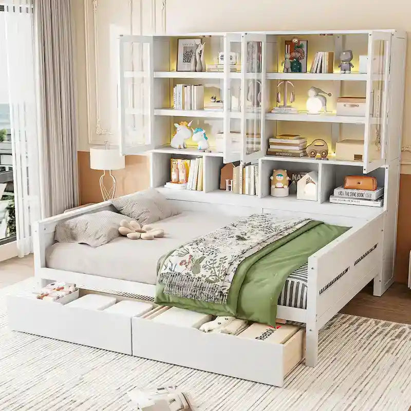 Wooden Bookcase Daybed with Glass Door Storage Cabinet and LED Lights