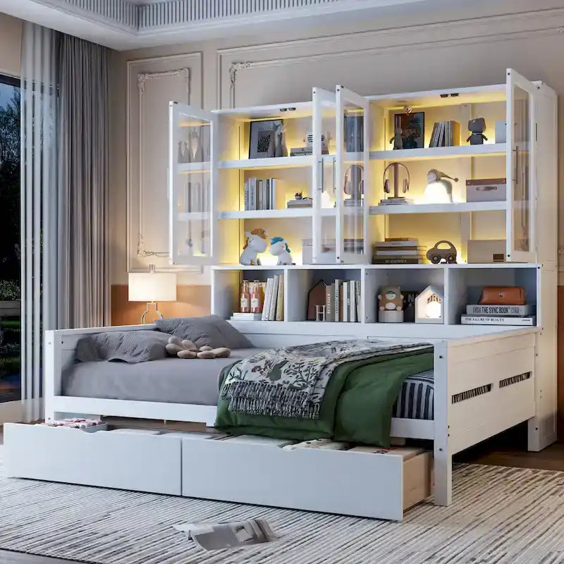 Wooden Bookcase Daybed with Glass Door Storage Cabinet and LED Lights
