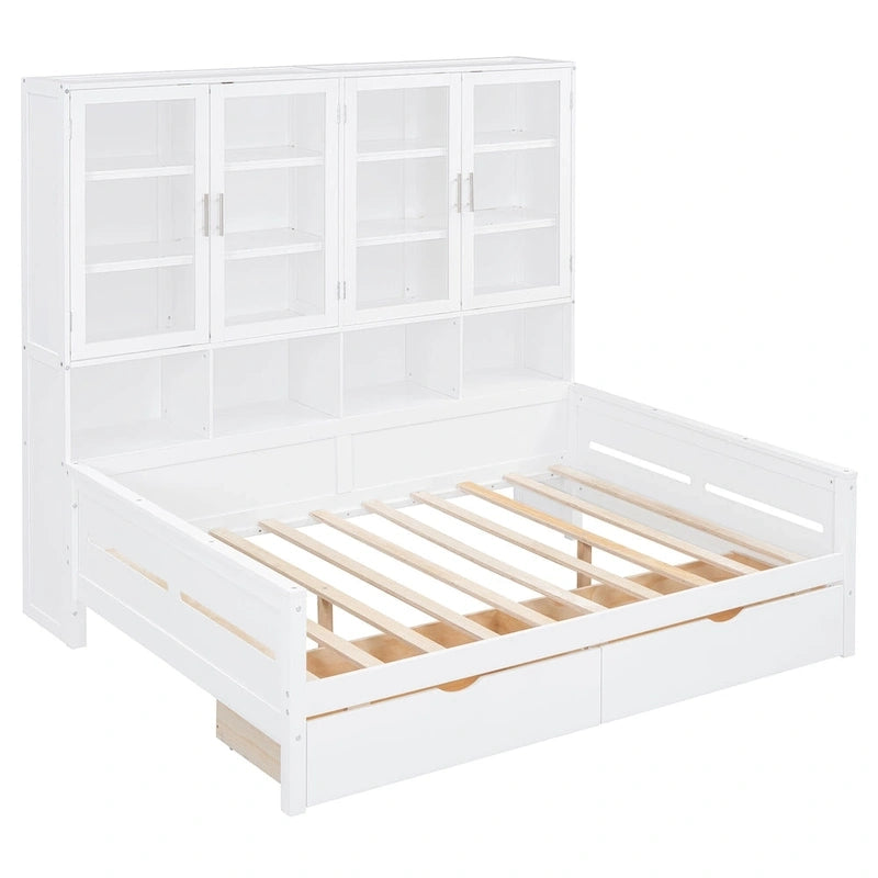 Wooden Bookcase Daybed with Glass Door Storage Cabinet and LED Lights