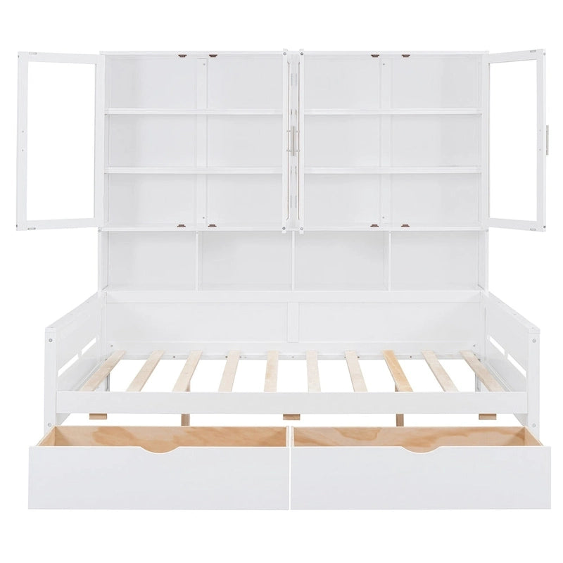 Wooden Bookcase Daybed with Glass Door Storage Cabinet and LED Lights