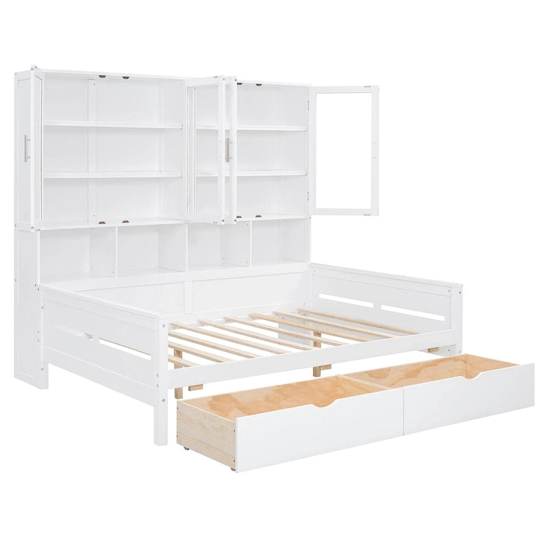 Wooden Bookcase Daybed with Glass Door Storage Cabinet and LED Lights