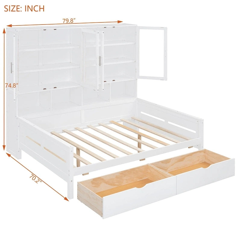 Wooden Bookcase Daybed with Glass Door Storage Cabinet and LED Lights