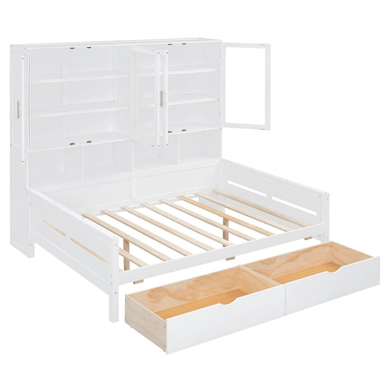 Wooden Bookcase Daybed with Glass Door Storage Cabinet and LED Lights