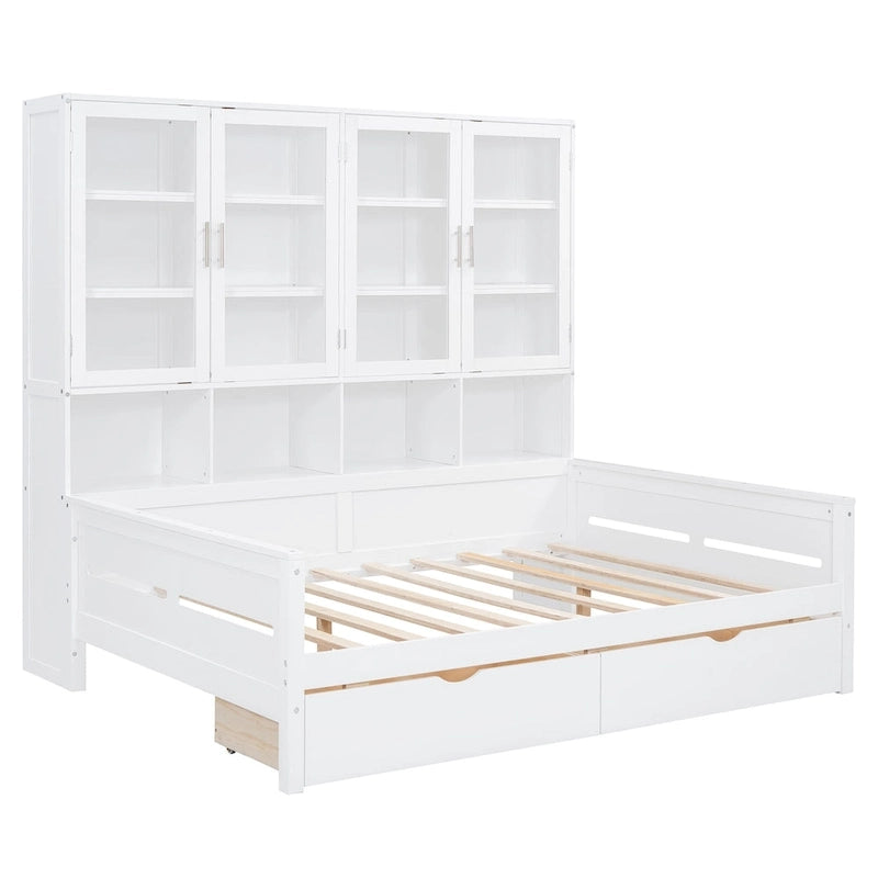 Wooden Bookcase Daybed with Glass Door Storage Cabinet and LED Lights