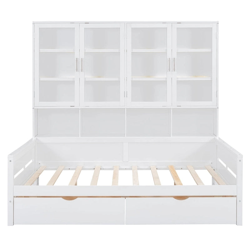 Wooden Bookcase Daybed with Glass Door Storage Cabinet and LED Lights