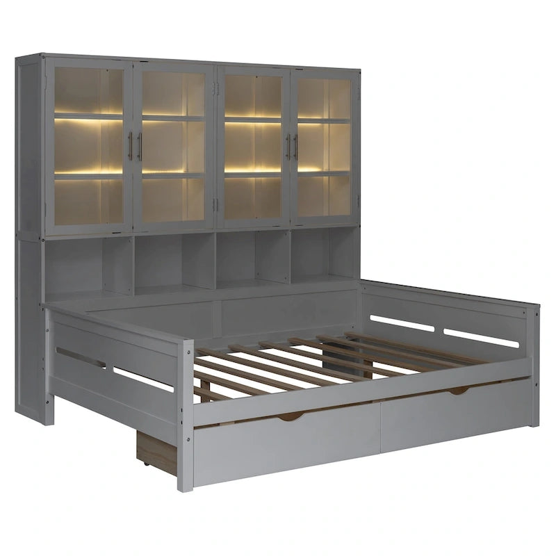 Wooden Bookcase Daybed with Glass Door Storage Cabinet and LED Lights