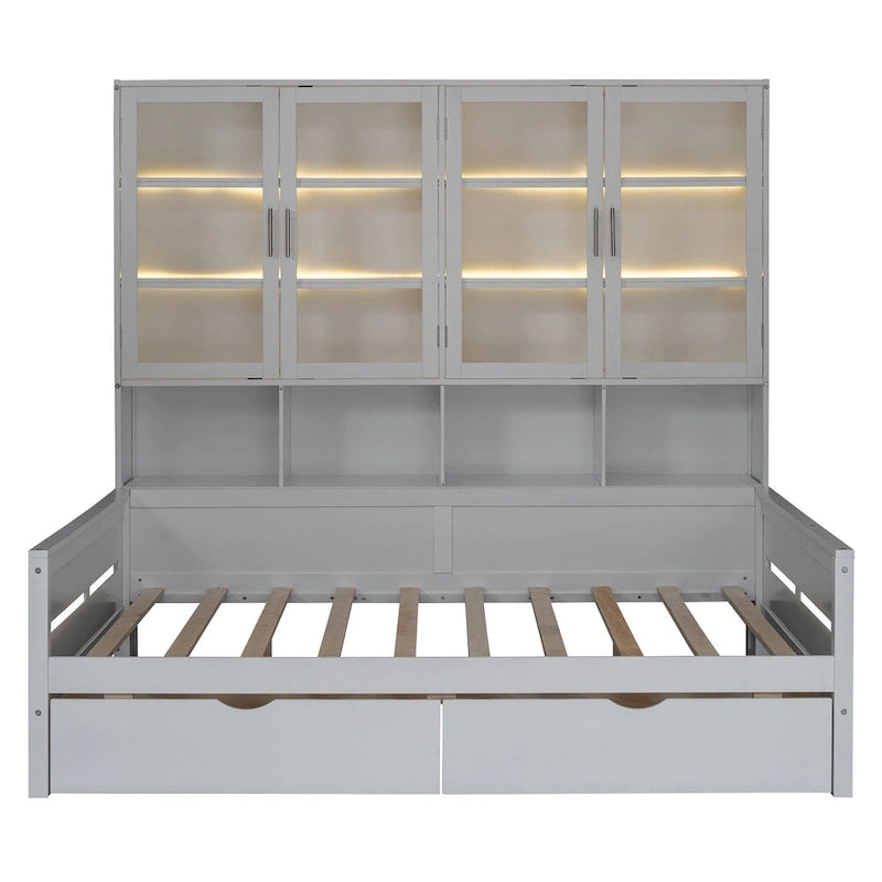 Wooden Bookcase Daybed with Glass Door Storage Cabinet and LED Lights