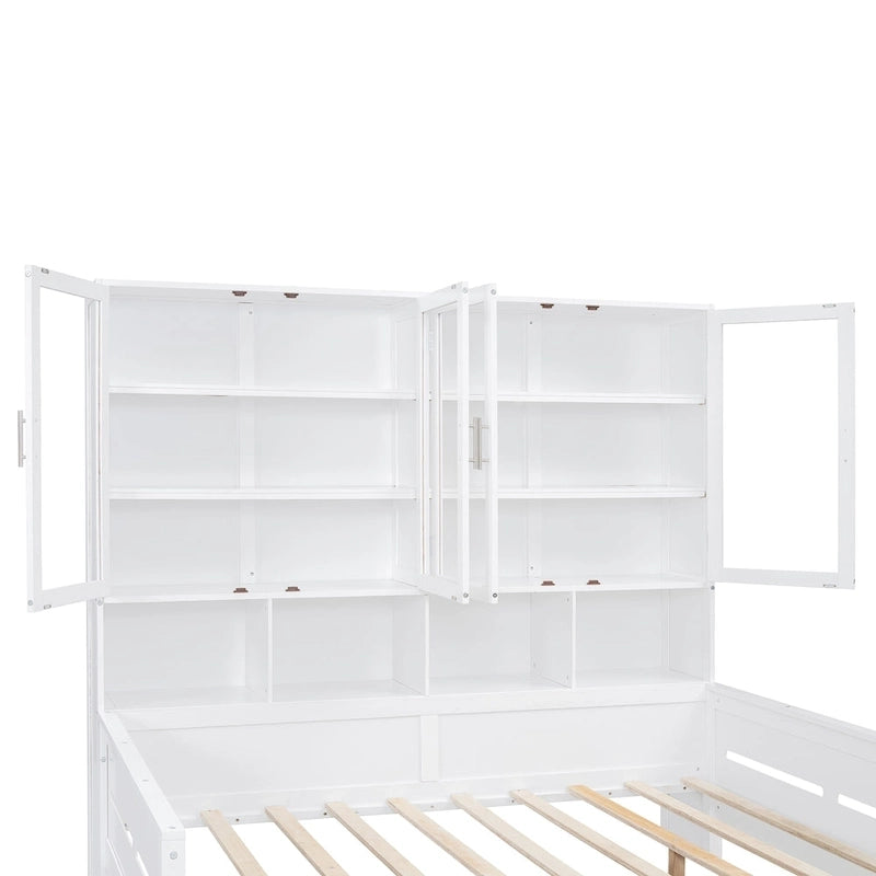 Wooden Bookcase Daybed with Glass Door Storage Cabinet and LED Lights