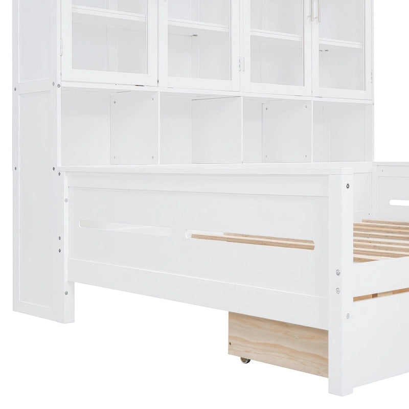 Wooden Bookcase Daybed with Glass Door Storage Cabinet and LED Lights