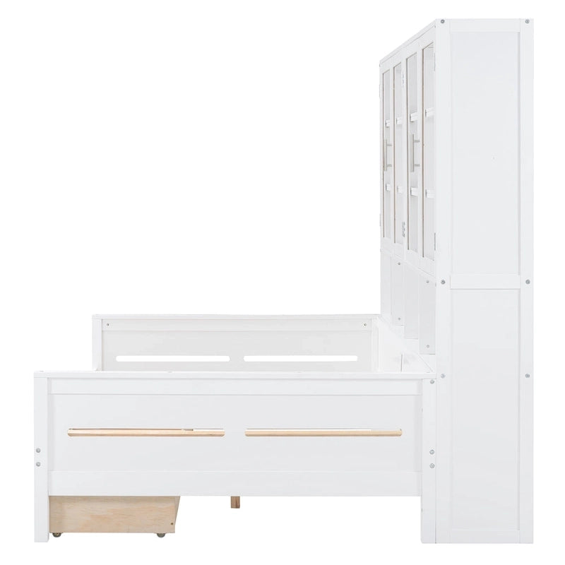 Wooden Bookcase Daybed with Glass Door Storage Cabinet and LED Lights