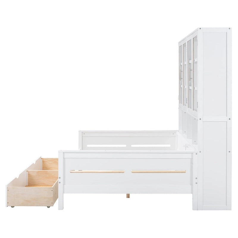 Wooden Bookcase Daybed with Glass Door Storage Cabinet and LED Lights