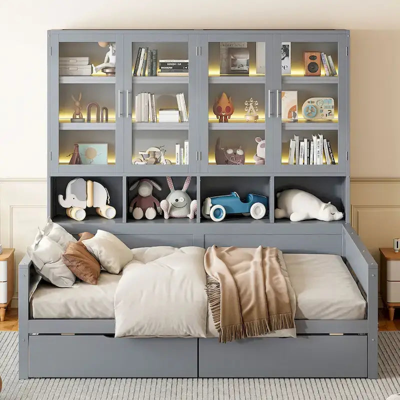 Wooden Bookcase Daybed with Glass Door Storage Cabinet and LED Lights